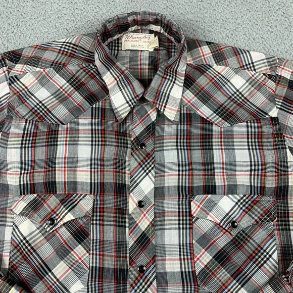 Vintage Wrangler Shirt Mens 15/33 Grey Plaid Western Pearl Snap 70's Made In USA - Picture 3 of 11